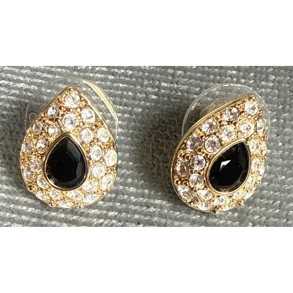 Swarovski Angelic Pear Pierced Earrings Jet Black Crystal Gold Tone Swan Logo